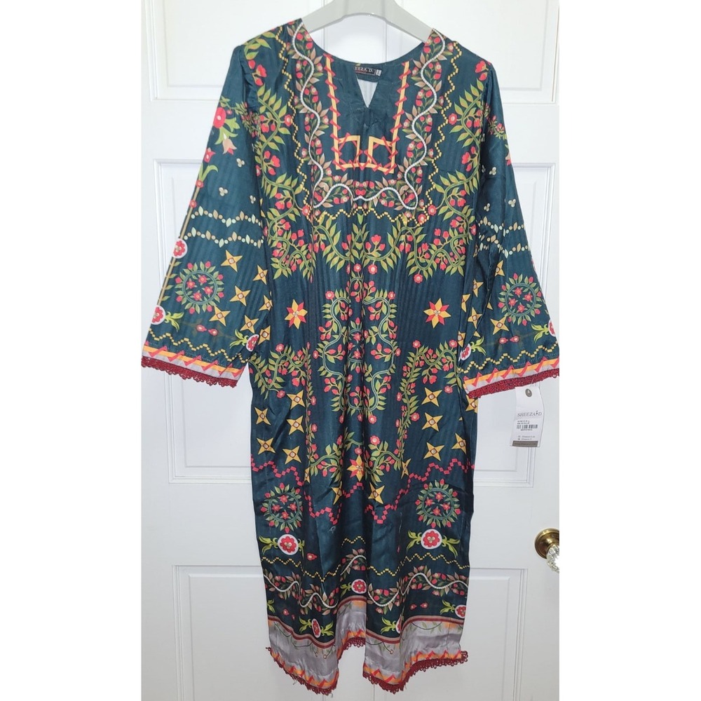 Sheeza-D Women's 3pc Festive Kurta Lawn Suit w/ Dupatta - Green - Large